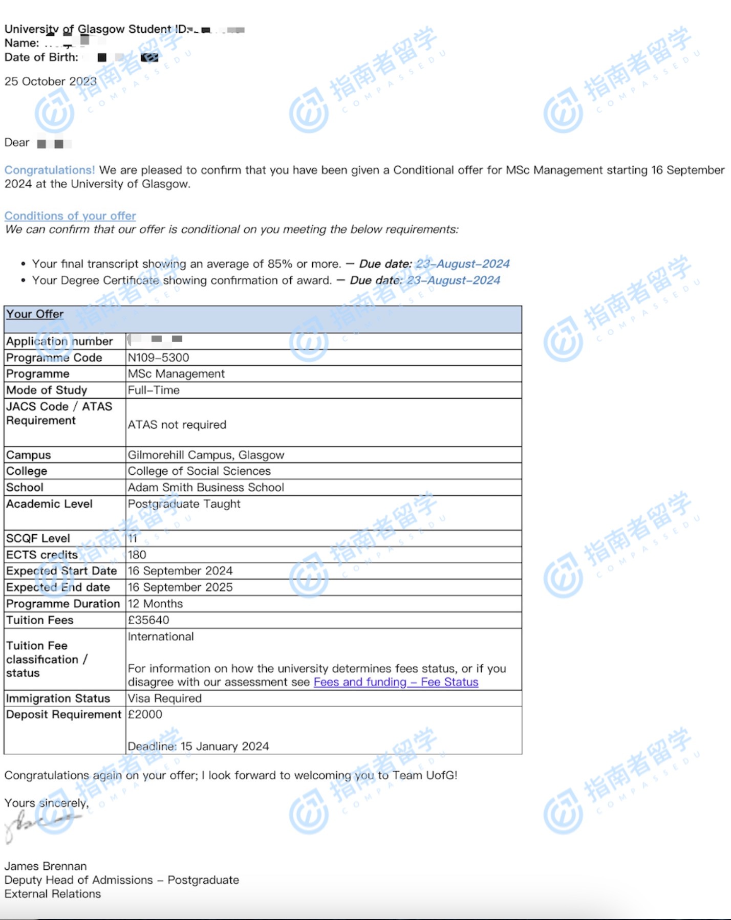 格拉斯哥大学管理学理学硕士研究生offer一枚