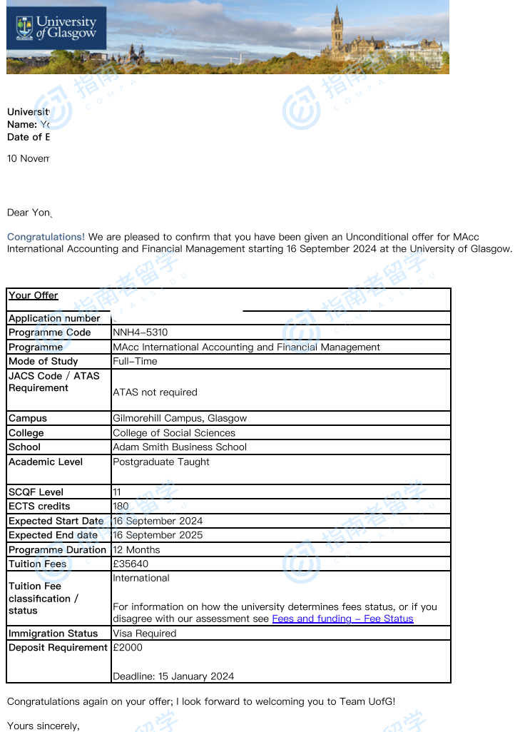 格拉斯哥大学国际会计与财务管理会计学硕士研究生offer一枚