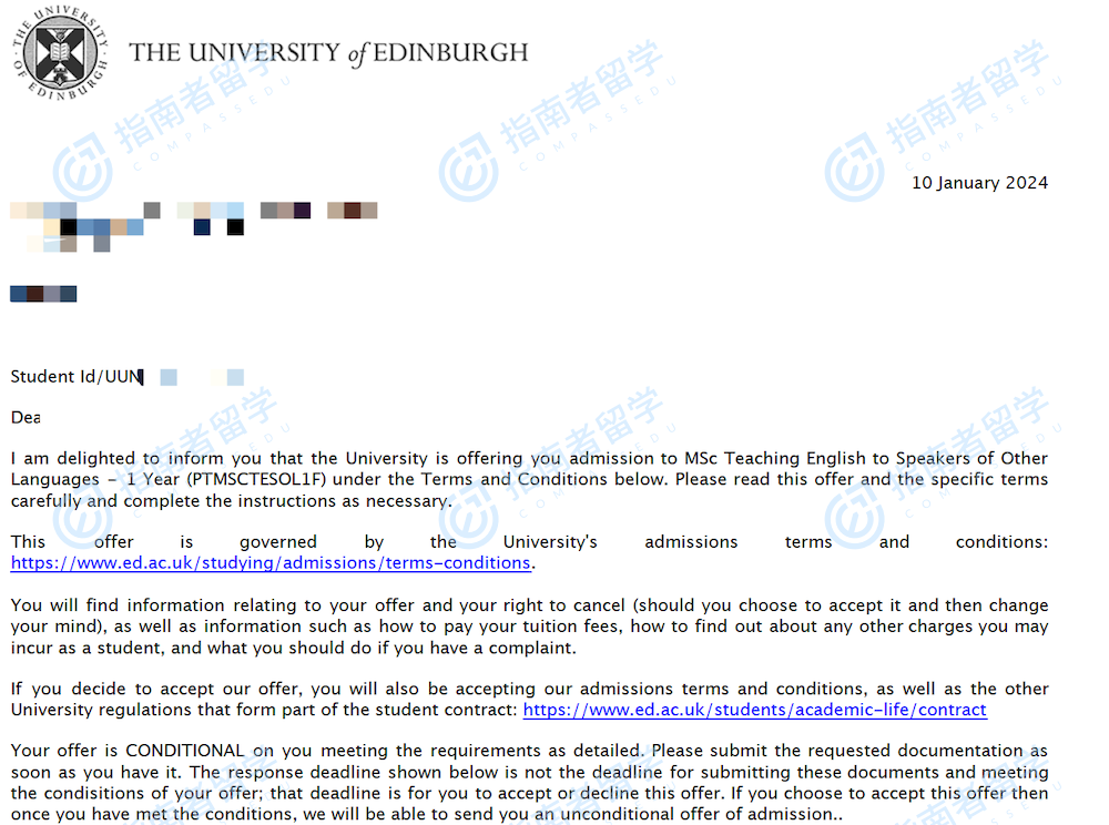 爱丁堡大学对外英语教学理学硕士研究生offer一枚