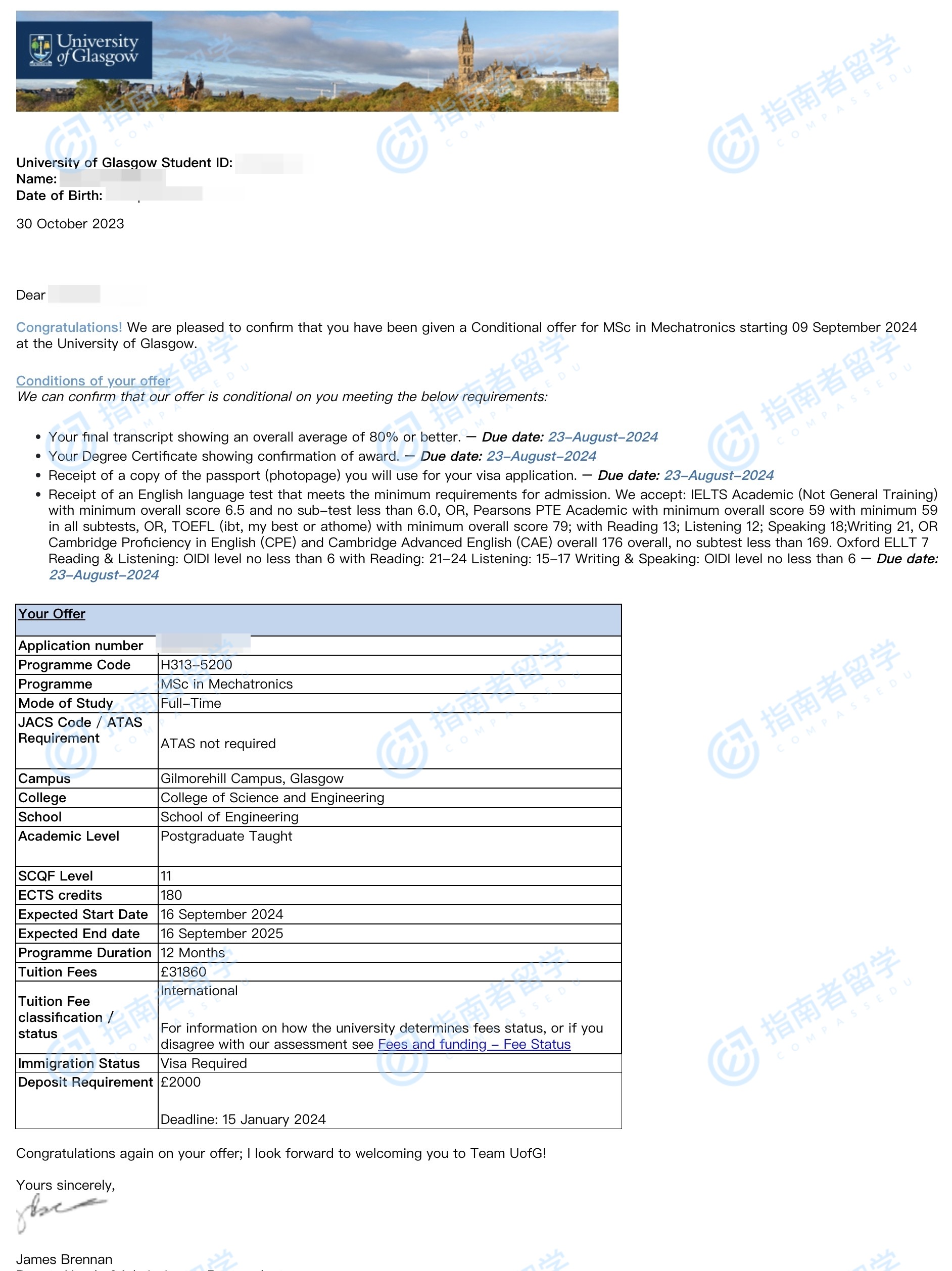 格拉斯哥大学机械电子学理学硕士研究生offer一枚
