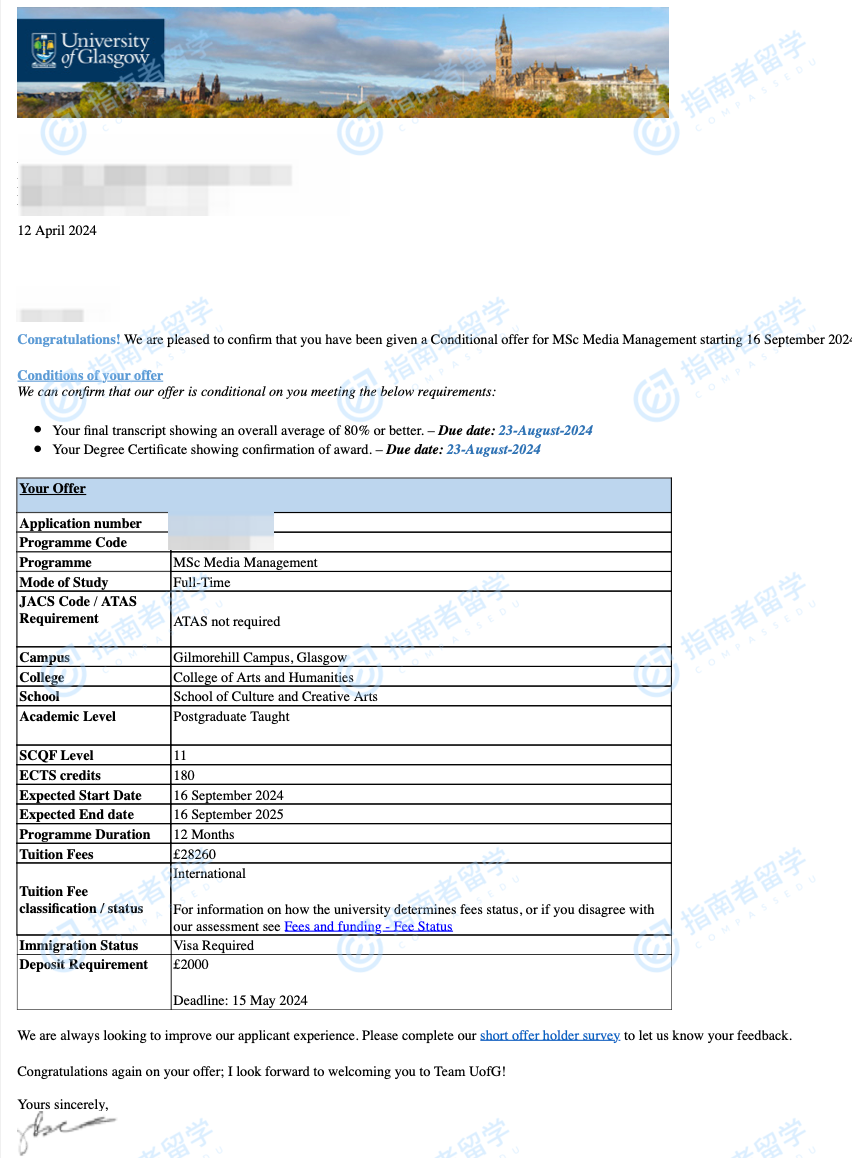 格拉斯哥大学媒体管理理学硕士研究生offer一枚