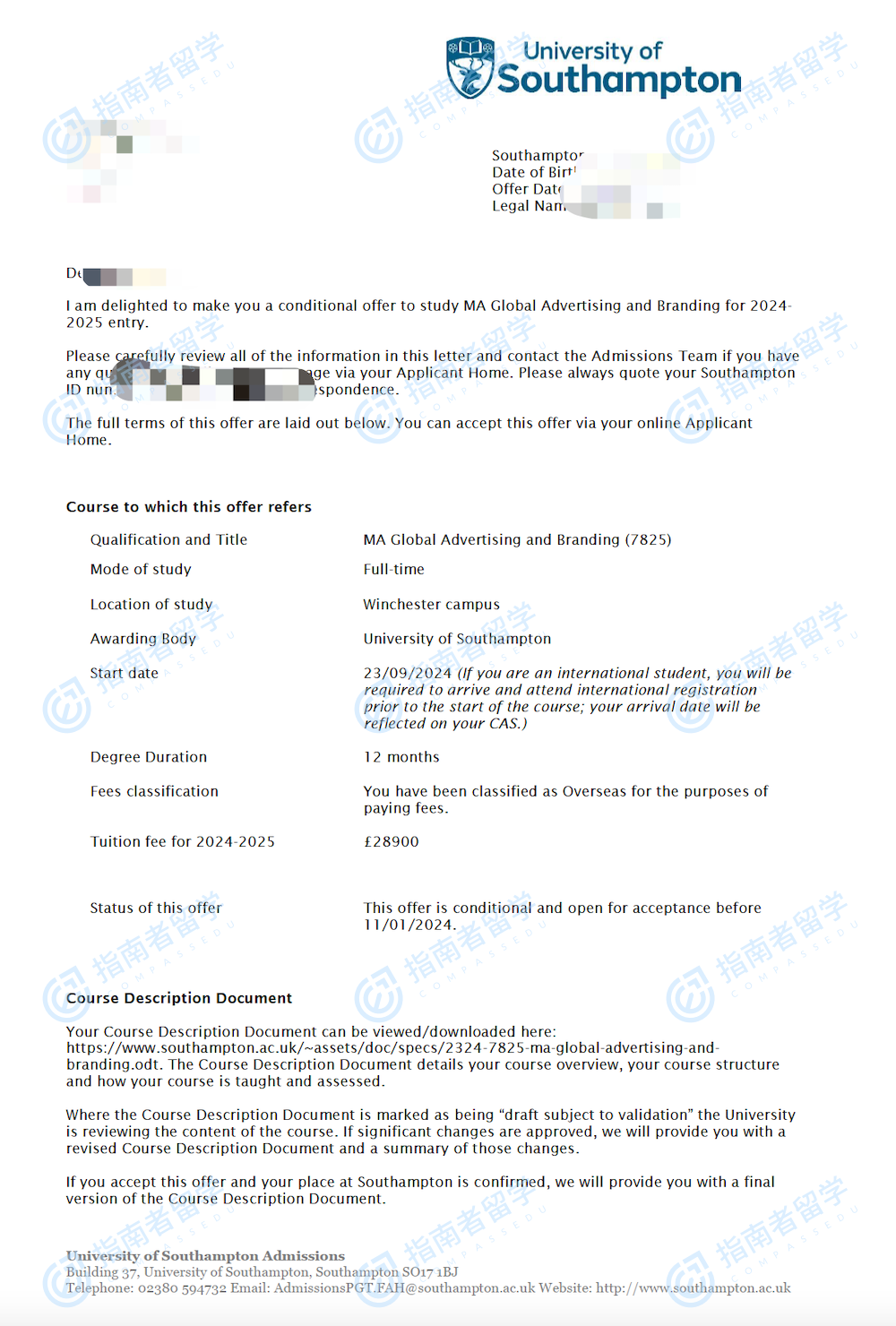 南安普顿大学全球广告学与品牌文学硕士研究生offer一枚