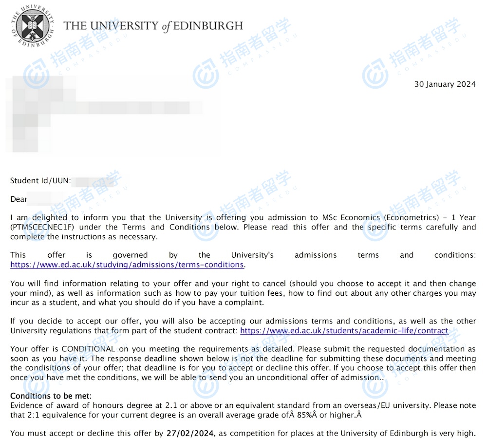 爱丁堡大学经济学（计量经济学）理学硕士研究生offer一枚