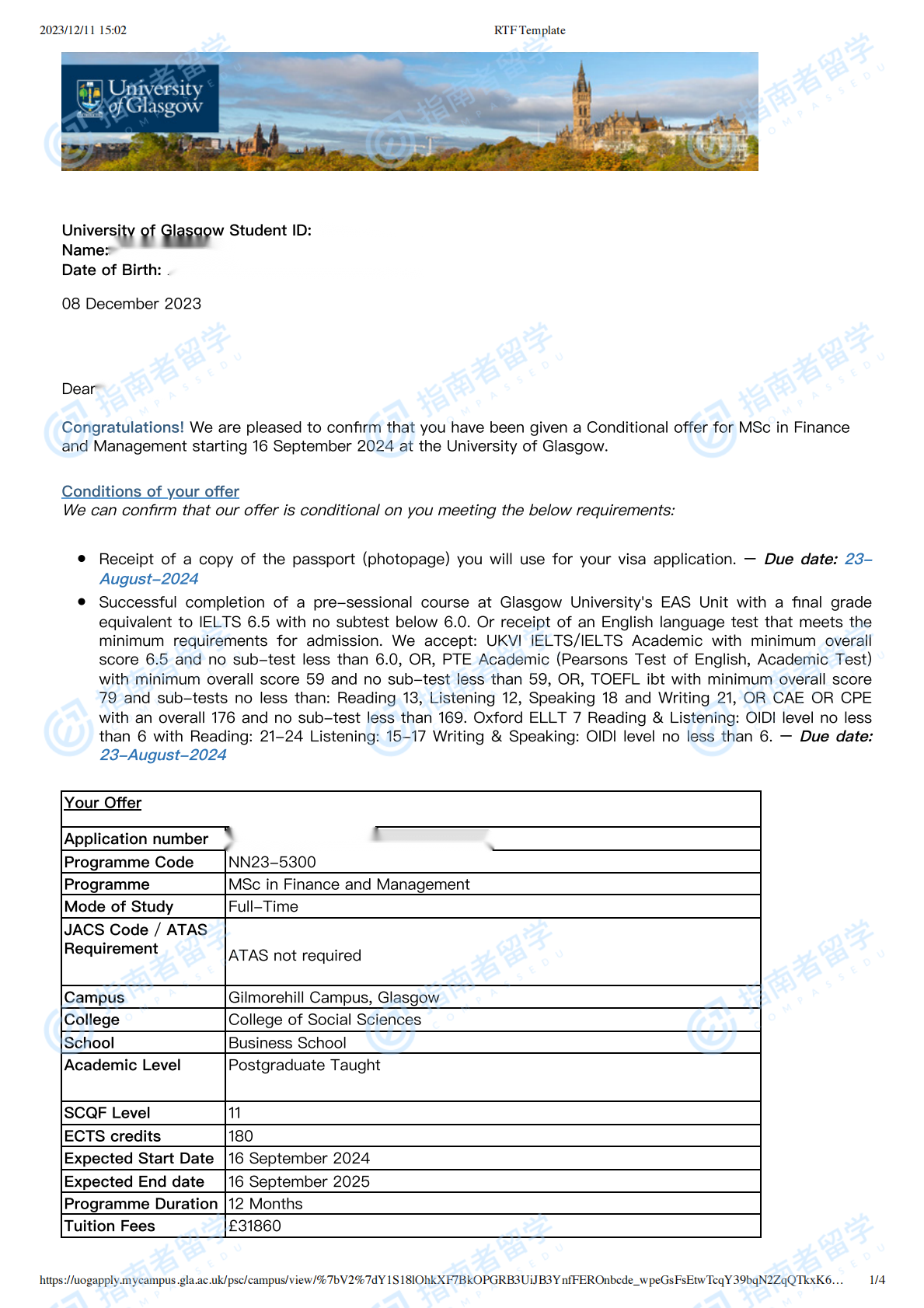 格拉斯哥大学金融与管理理学硕士研究生offer一枚