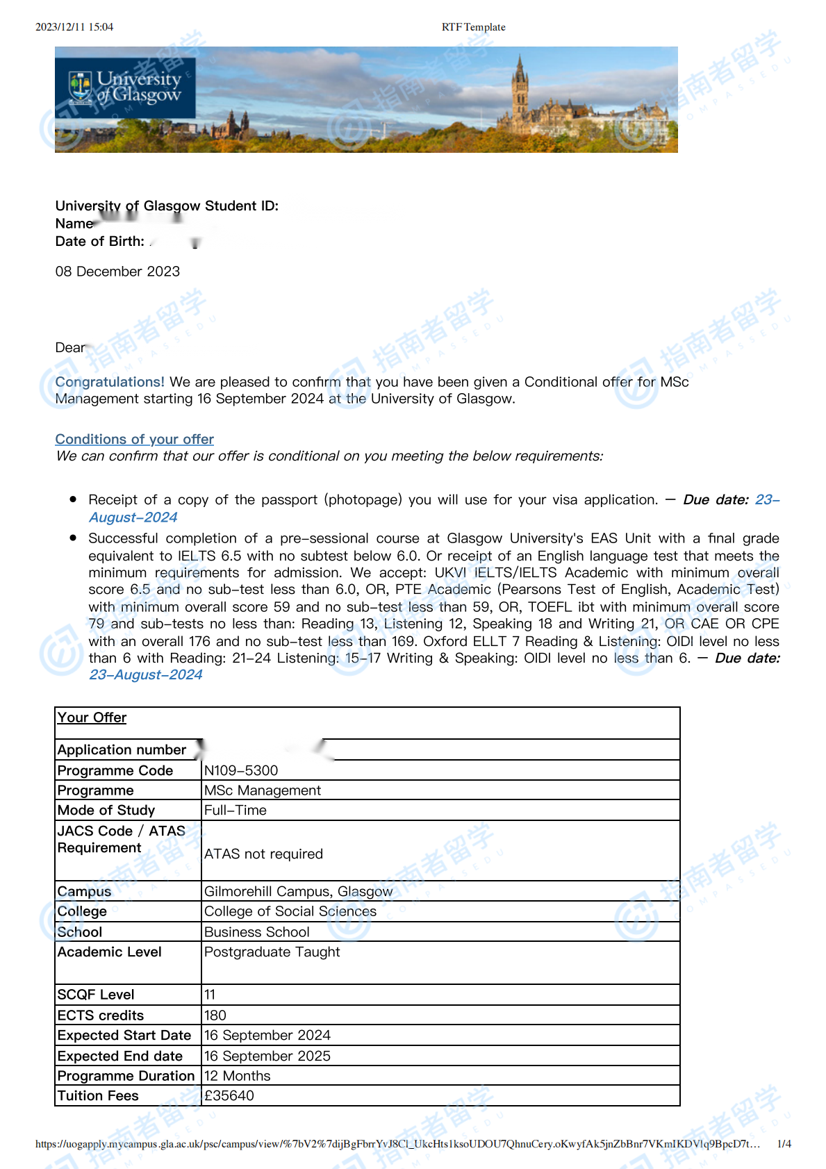 格拉斯哥大学管理学理学硕士研究生offer一枚