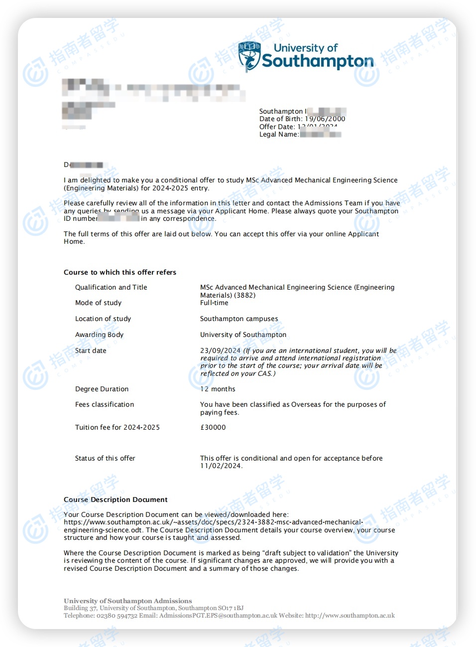 南安普顿大学工程材料学（高级机械工程科学）理学硕士研究生offer一枚