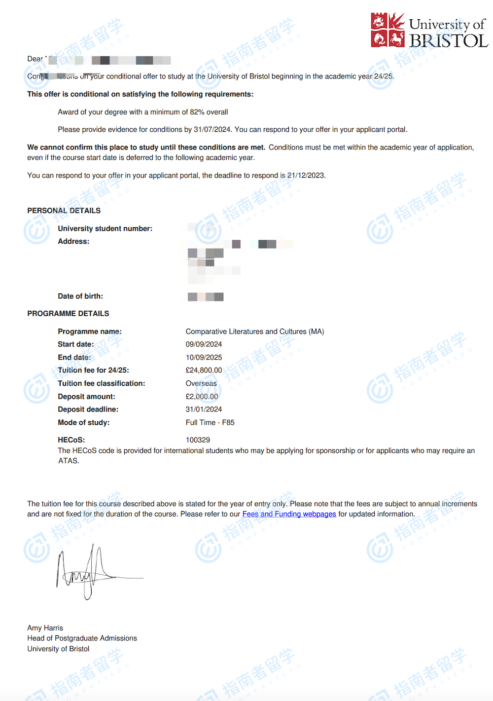 布里斯托大学比较文学与文化文学硕士研究生offer一枚