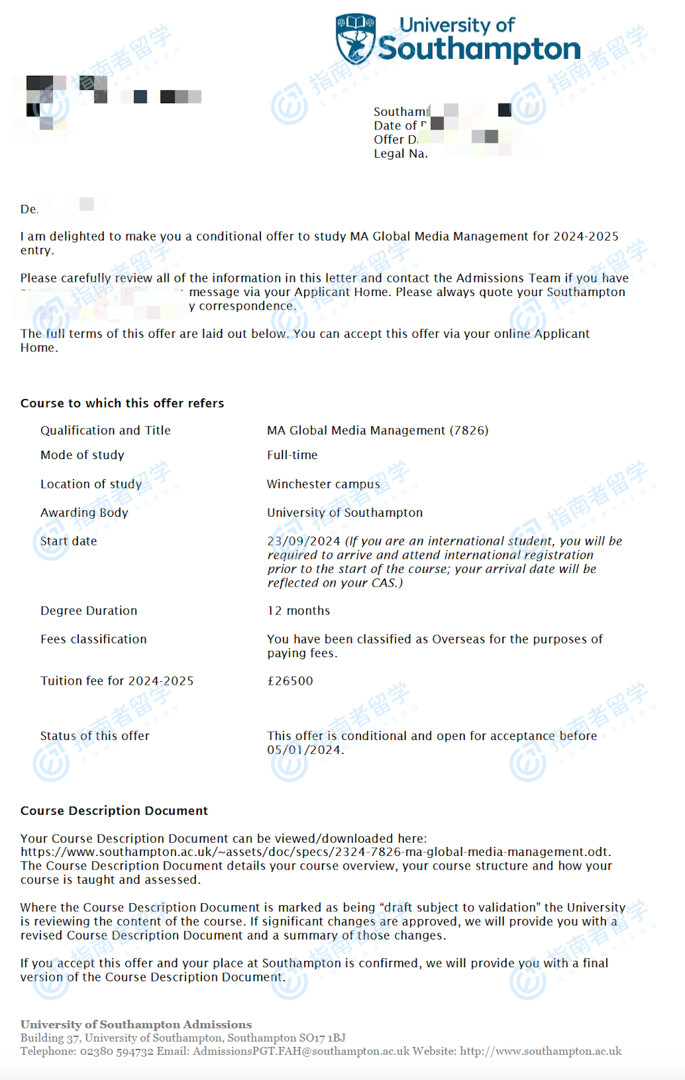 南安普顿大学全球传媒管理文学硕士研究生offer一枚