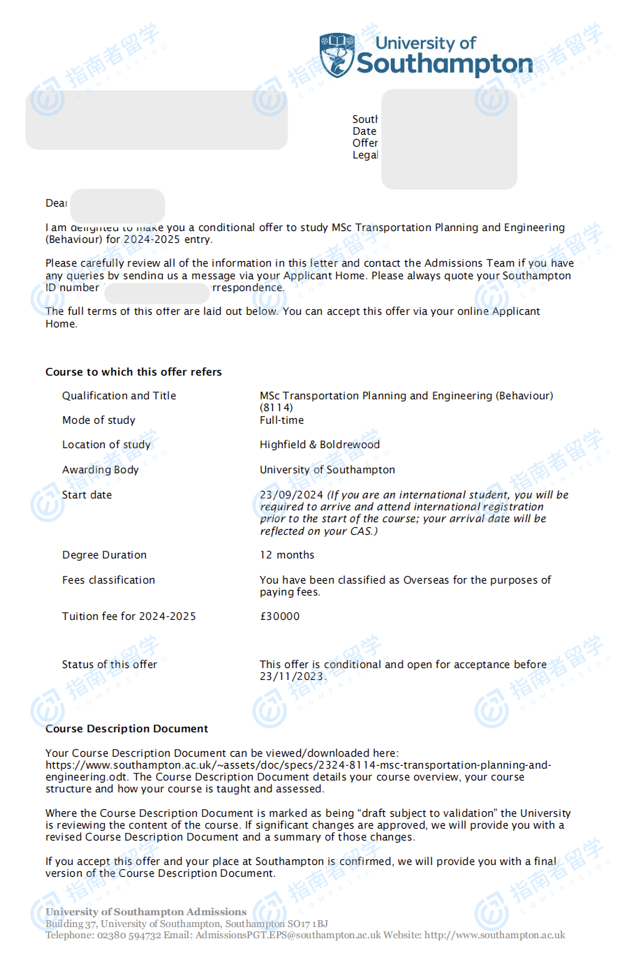 南安普顿大学运输规划与工程（行为）理学硕士研究生offer一枚