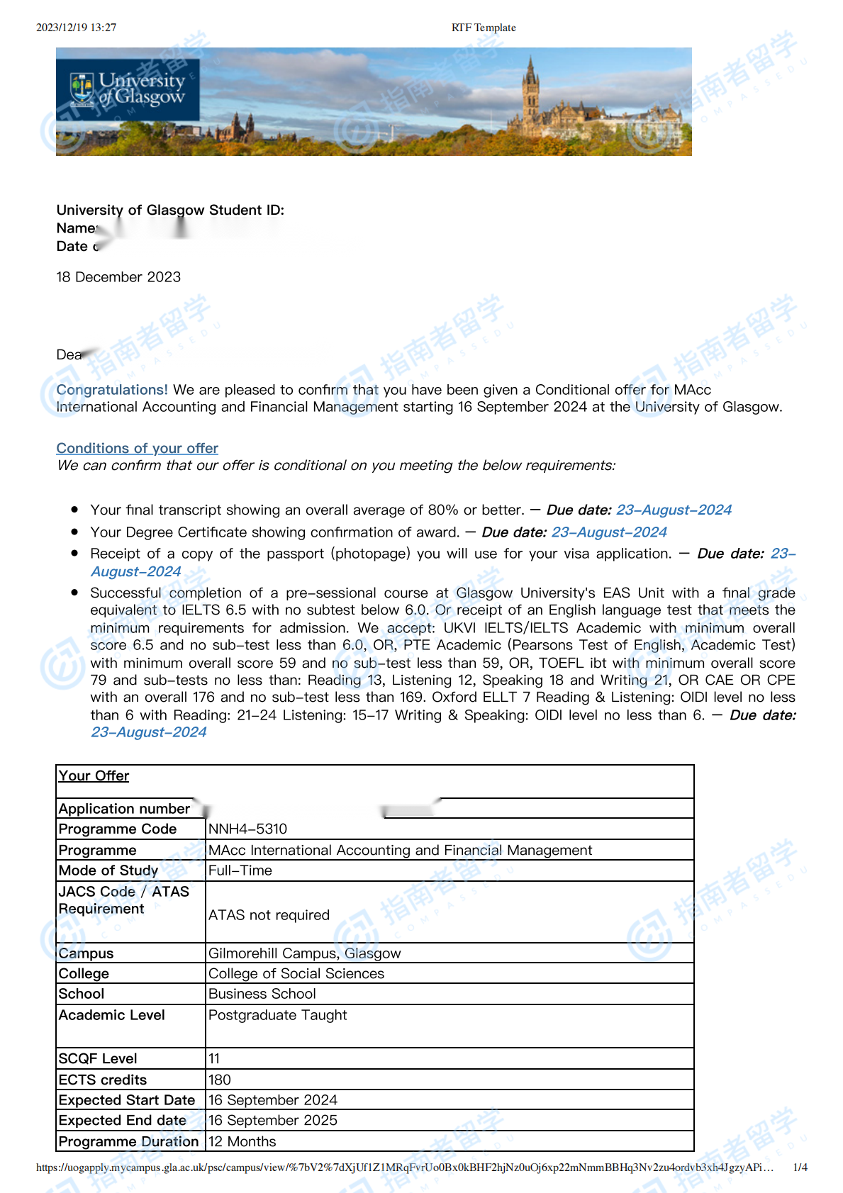 格拉斯哥大学国际会计与财务管理会计学硕士研究生offer一枚