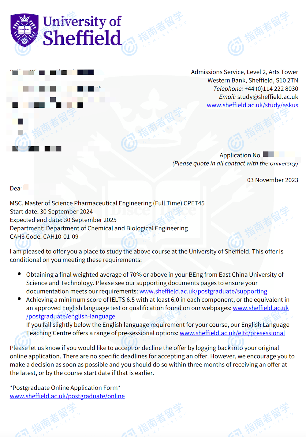 谢菲尔德大学制药工程理学硕士研究生offer一枚