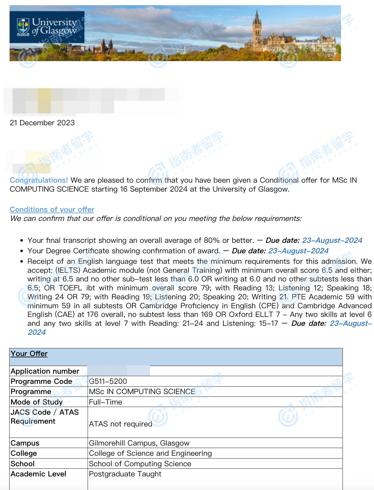 格拉斯哥大学计算科学理学硕士研究生offer一枚