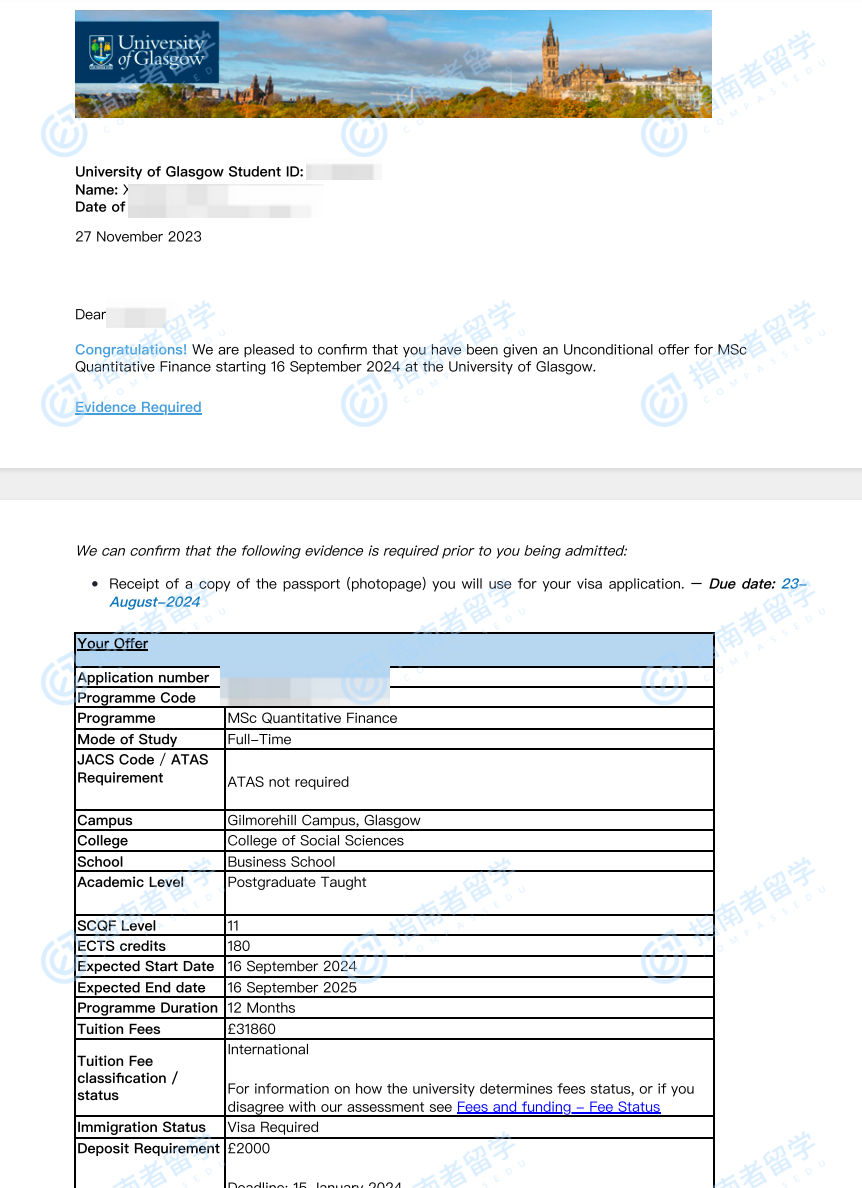 格拉斯哥大学定量金融学理学硕士研究生offer一枚