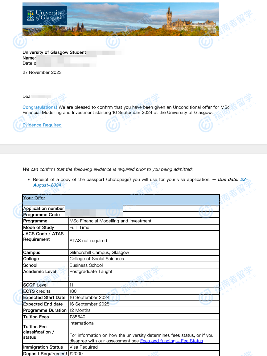 格拉斯哥大学金融建模与投资理学硕士研究生offer一枚