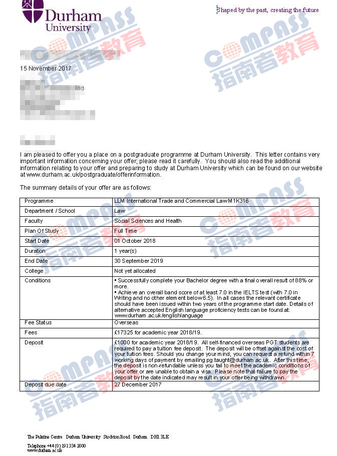 杜伦大学国际贸易与商法法学硕士研究生offer一枚