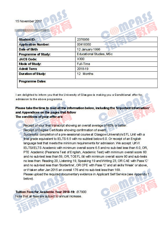 格拉斯哥大学教育学研究理学硕士研究生offer一枚