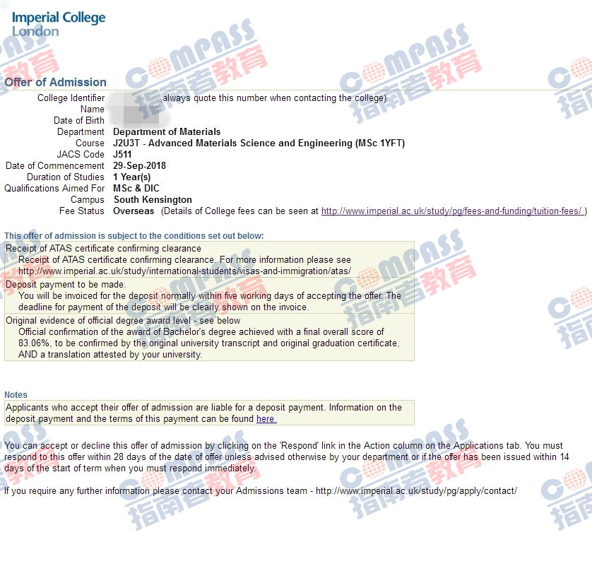 帝国理工学院高级材料科学与工程理学硕士研究生offer一枚