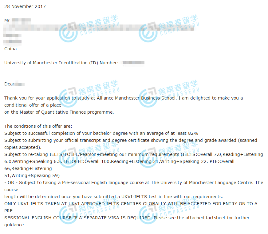 曼彻斯特大学定量金融学理学硕士研究生offer一枚