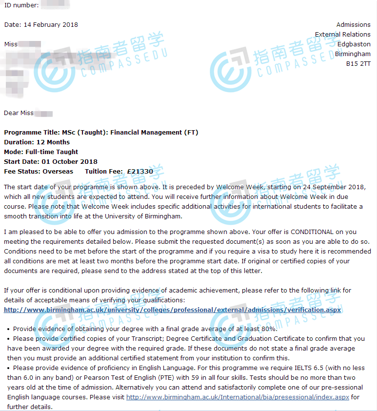 伯明翰大学财务管理理学硕士研究生offer一枚