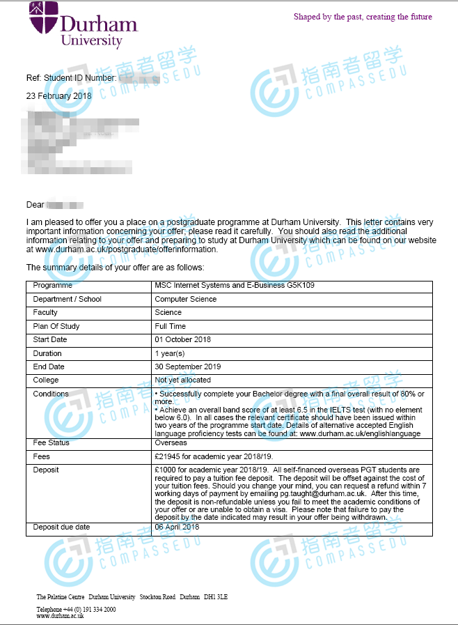 杜伦大学互联网系统和电子商务理学硕士研究生offer一枚