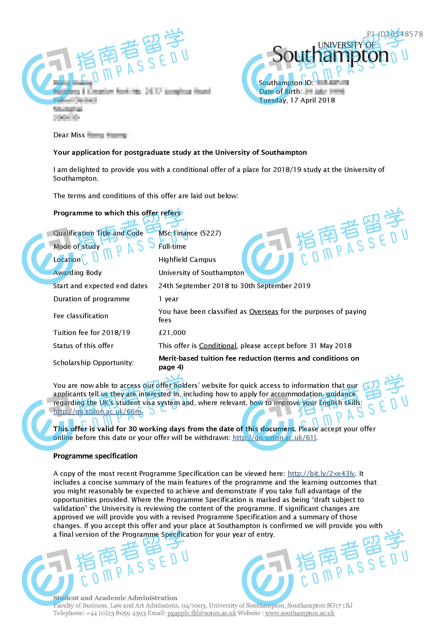 南安普顿大学金融学理学硕士研究生offer一枚