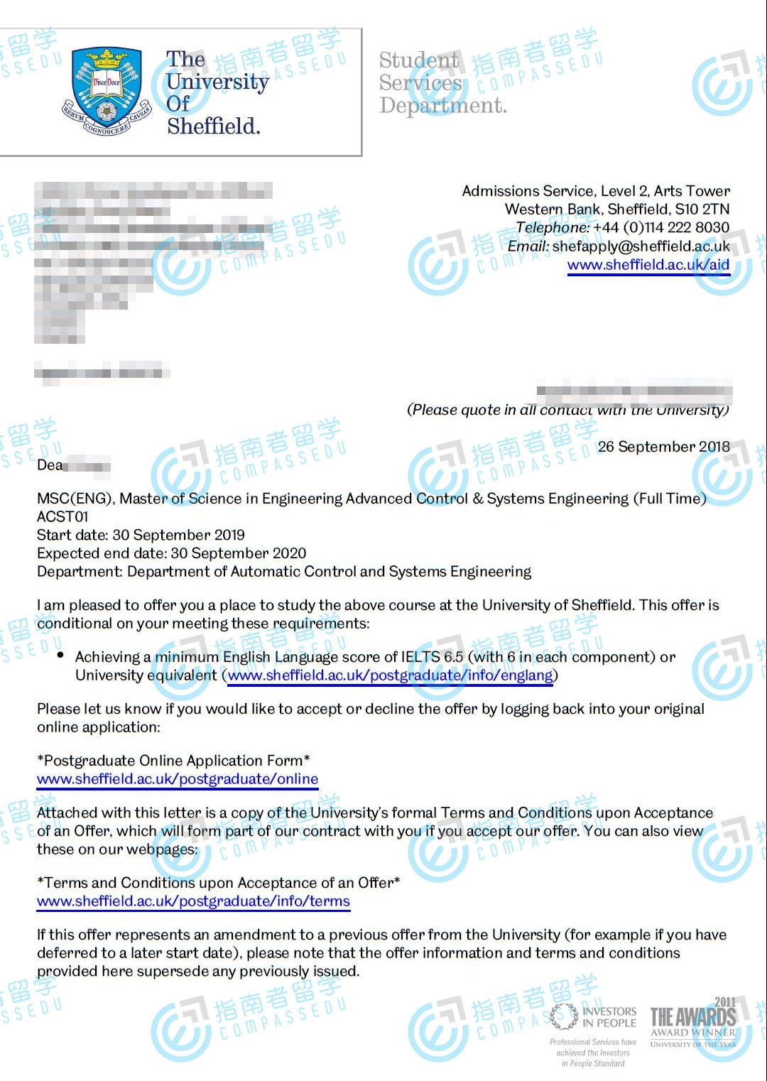 谢菲尔德大学高级控制与系统工程（工程）理学硕士研究生offer一枚