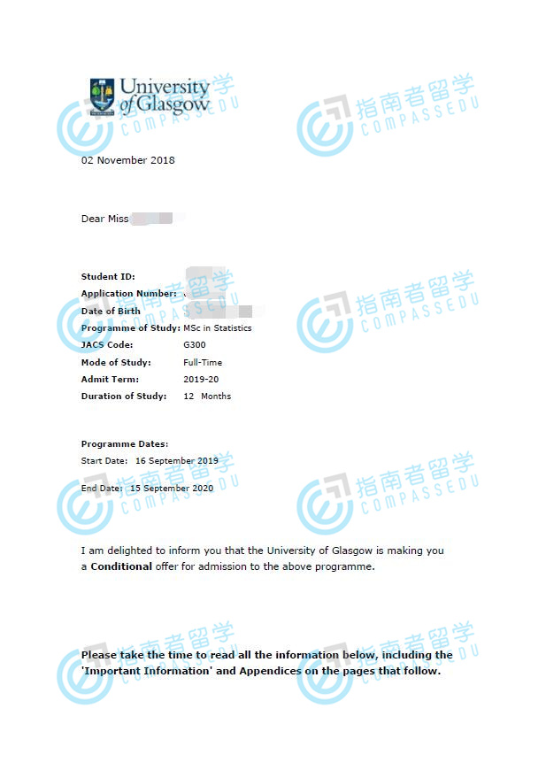 格拉斯哥大学统计学理学硕士研究生offer一枚