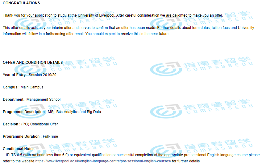 利物浦大学商业分析与大数据理学硕士研究生offer一枚