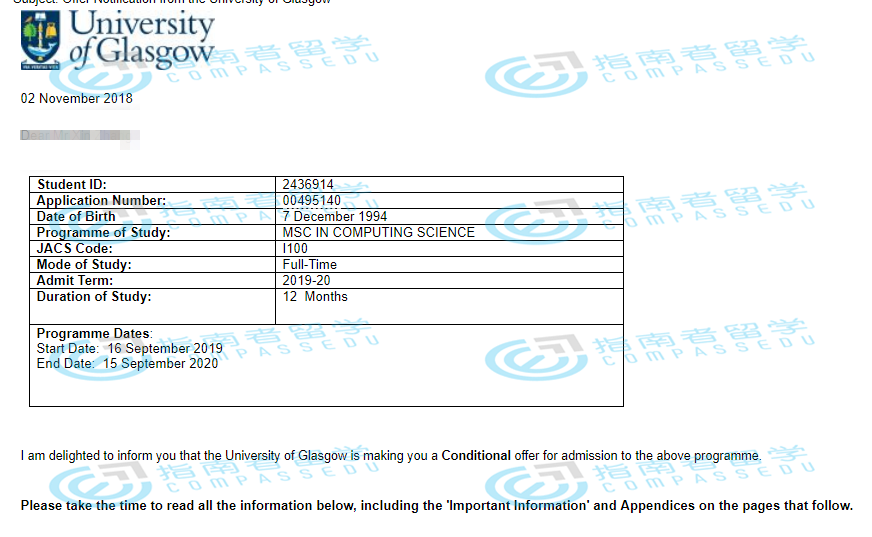 格拉斯哥大学计算科学理学硕士研究生offer一枚