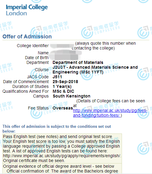 帝国理工学院高级材料科学与工程理学硕士研究生offer一枚