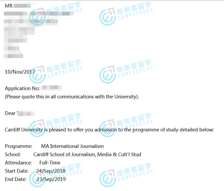 卡迪夫大学国际新闻学文学硕士研究生offer一枚