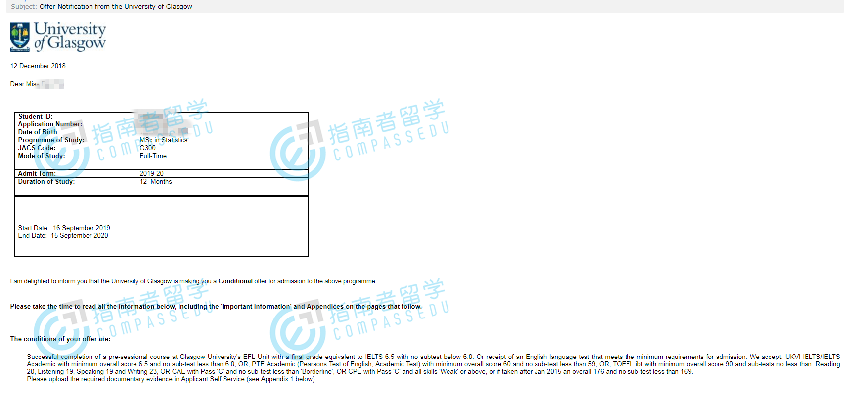 格拉斯哥大学统计学理学硕士研究生offer一枚