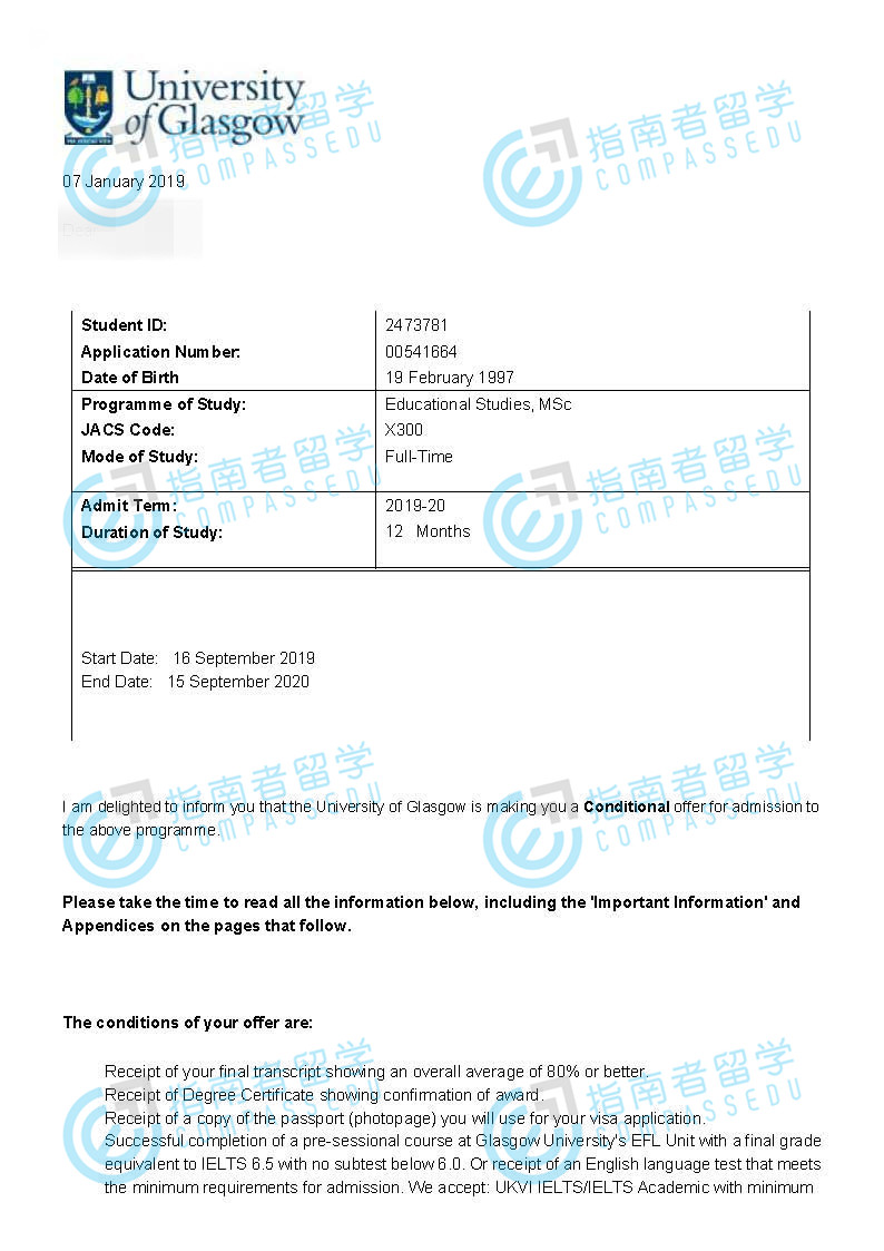 格拉斯哥大学教育学研究理学硕士研究生offer一枚
