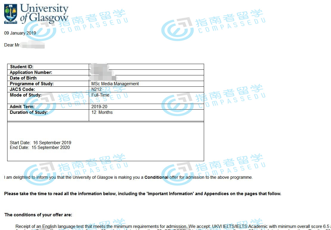 格拉斯哥大学媒体管理理学硕士研究生offer一枚