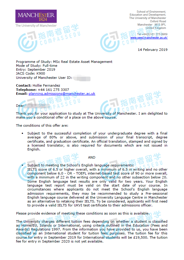 曼彻斯特大学房地产资产管理理学硕士研究生offer一枚