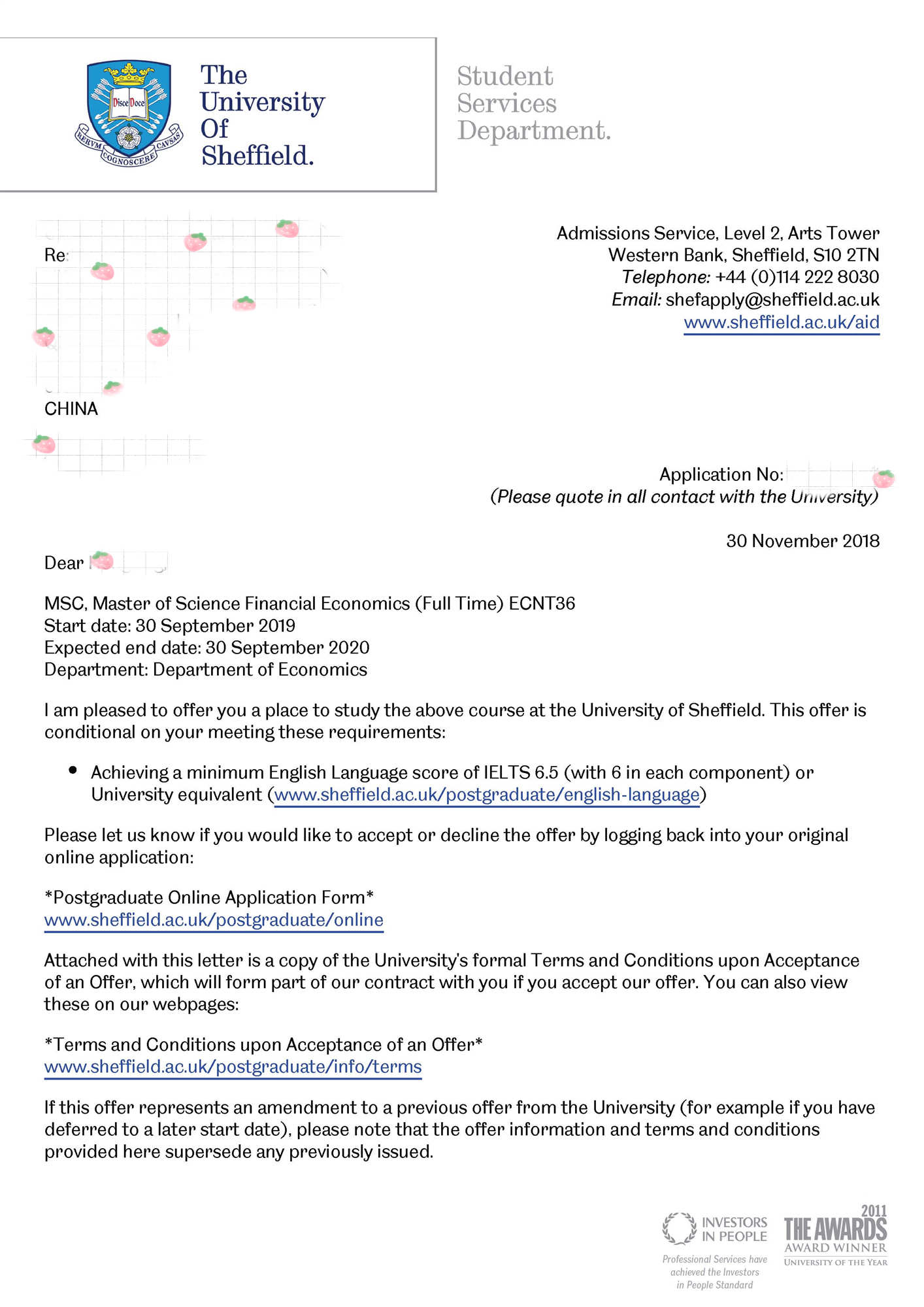 谢菲尔德大学金融经济学理学硕士研究生offer一枚