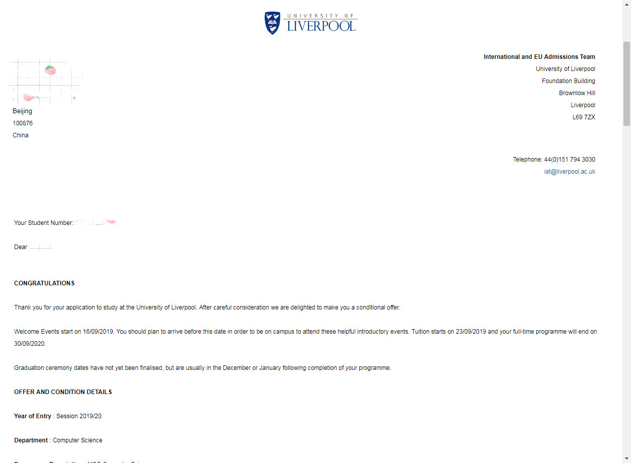 利物浦大学计算机科学理学硕士研究生offer一枚