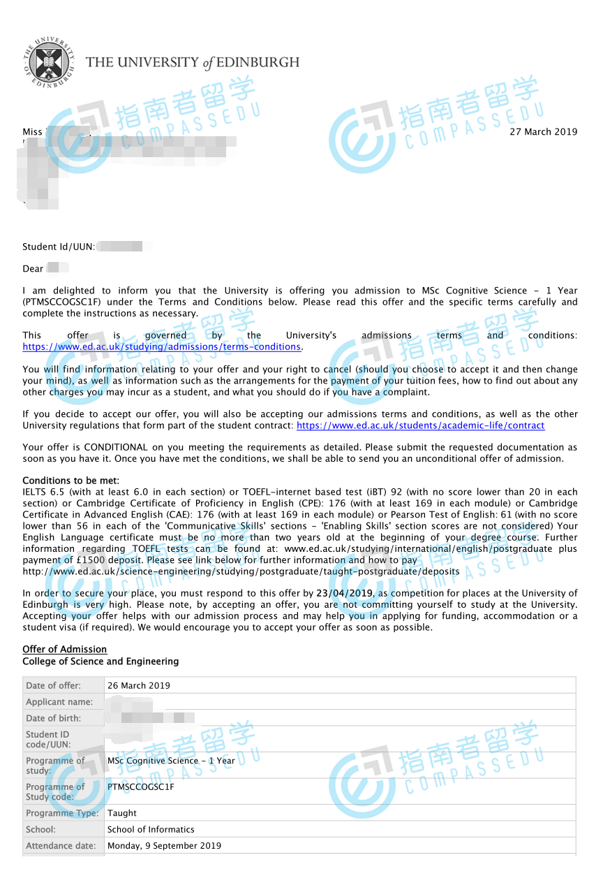 爱丁堡大学认知科学理学硕士研究生offer一枚