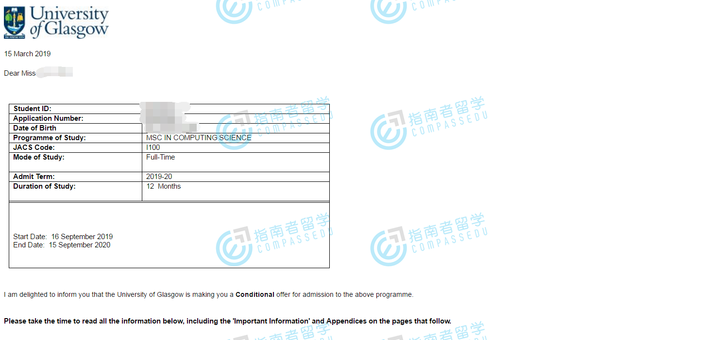 格拉斯哥大学计算科学理学硕士研究生offer一枚