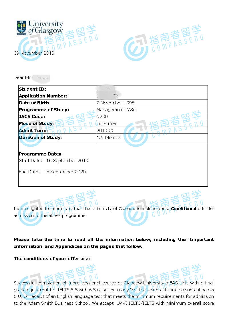 格拉斯哥大学管理学理学硕士研究生offer一枚