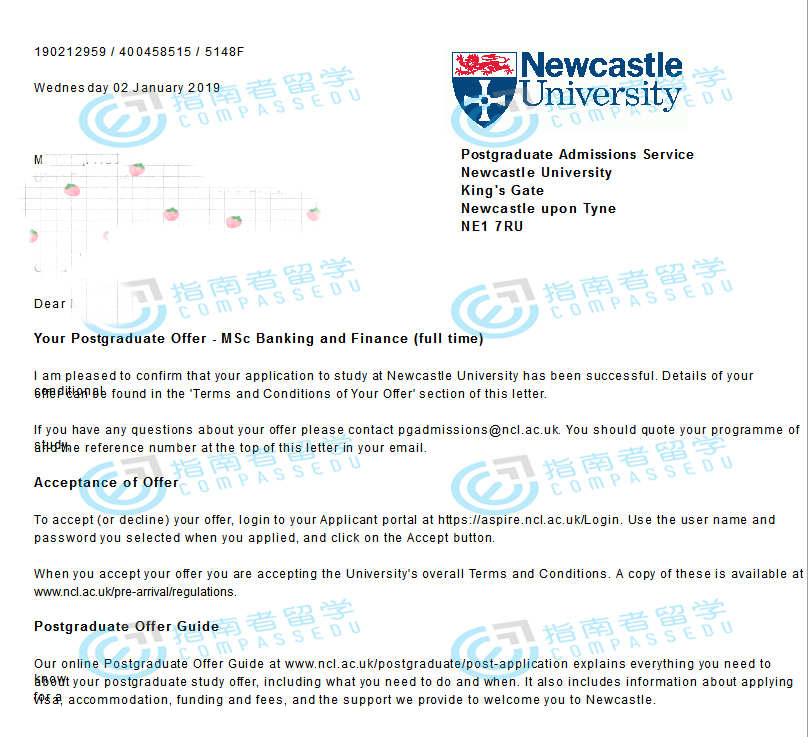 纽卡斯尔大学（英国）银行与金融理学硕士研究生offer一枚