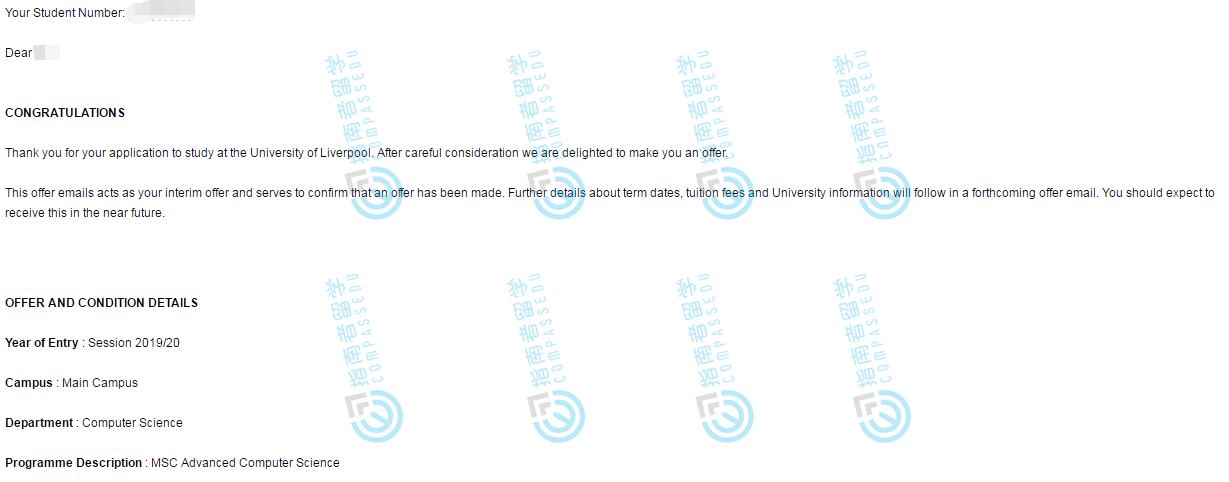利物浦大学计算机科学理学硕士研究生offer一枚