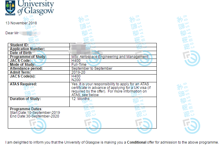 格拉斯哥大学航空航天工程与管理理学硕士研究生offer一枚