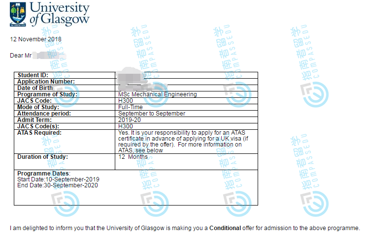 格拉斯哥大学机械工程理学硕士研究生offer一枚