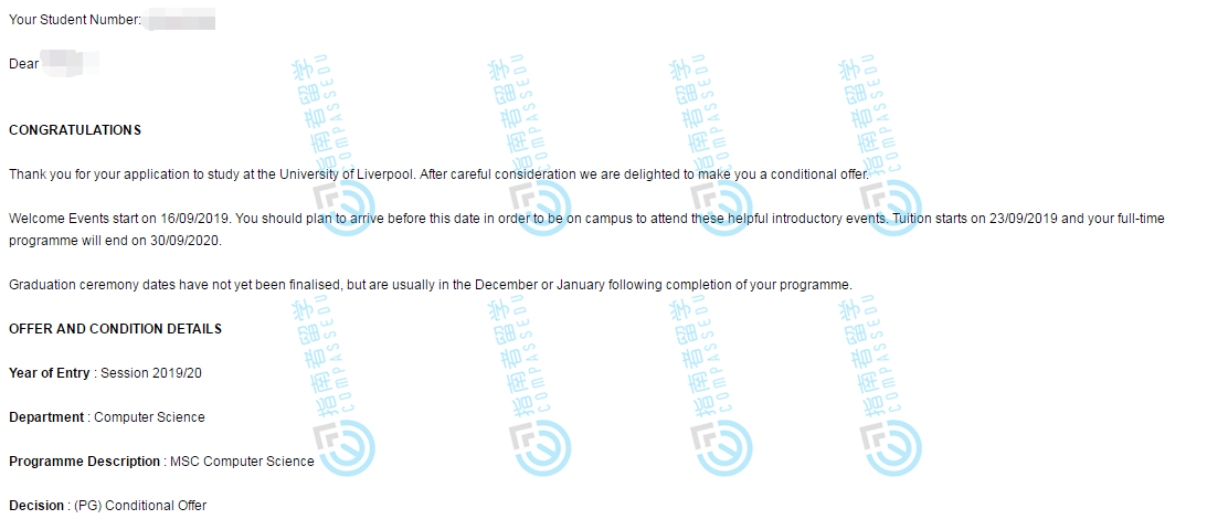利物浦大学计算机科学理学硕士研究生offer一枚