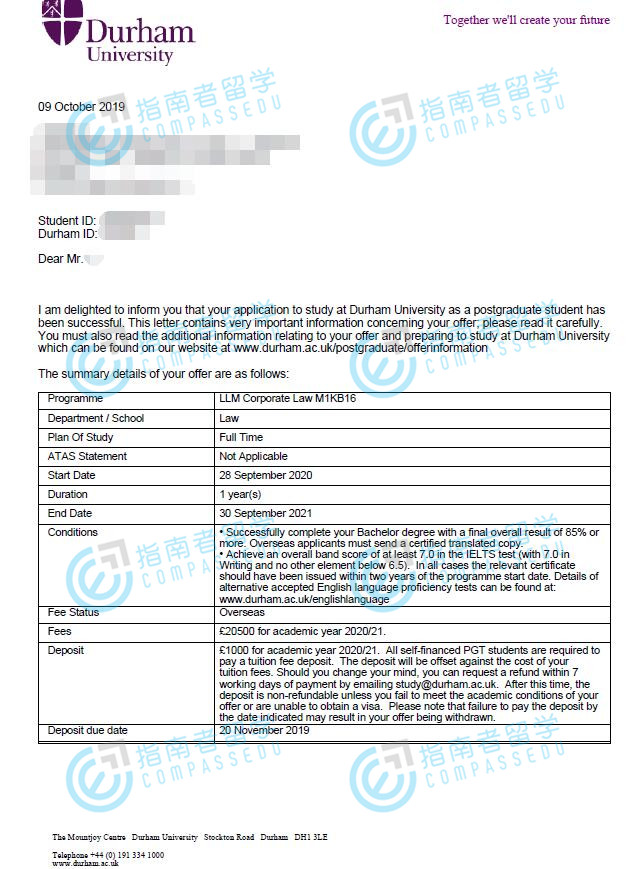 杜伦大学公司法法学硕士研究生offer一枚