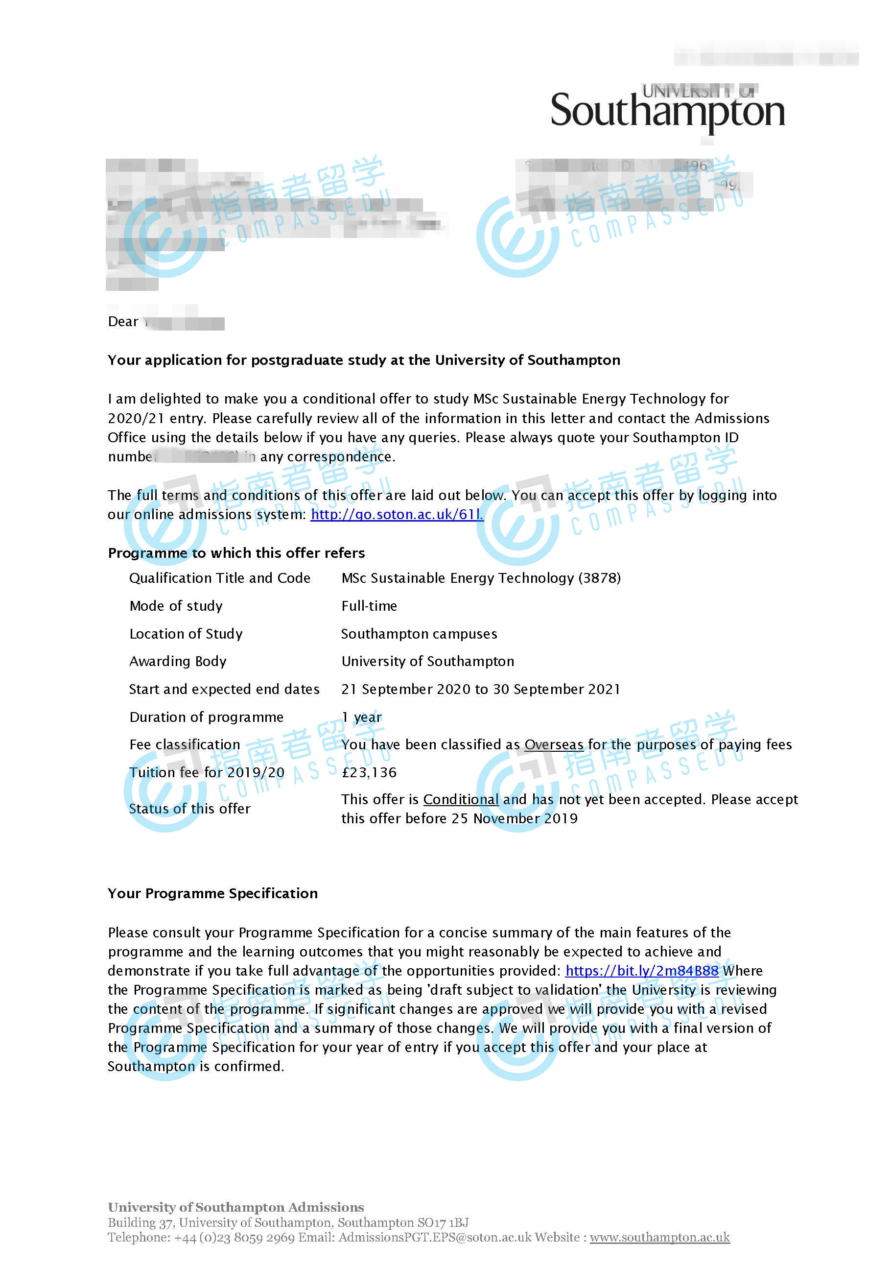 南安普顿大学可持续能源科技理学硕士研究生offer一枚