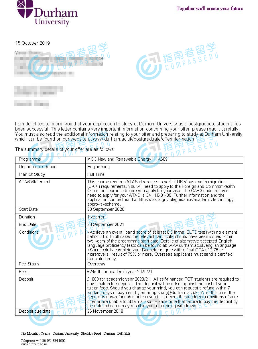 杜伦大学可再生与可持续能源理学硕士研究生offer一枚