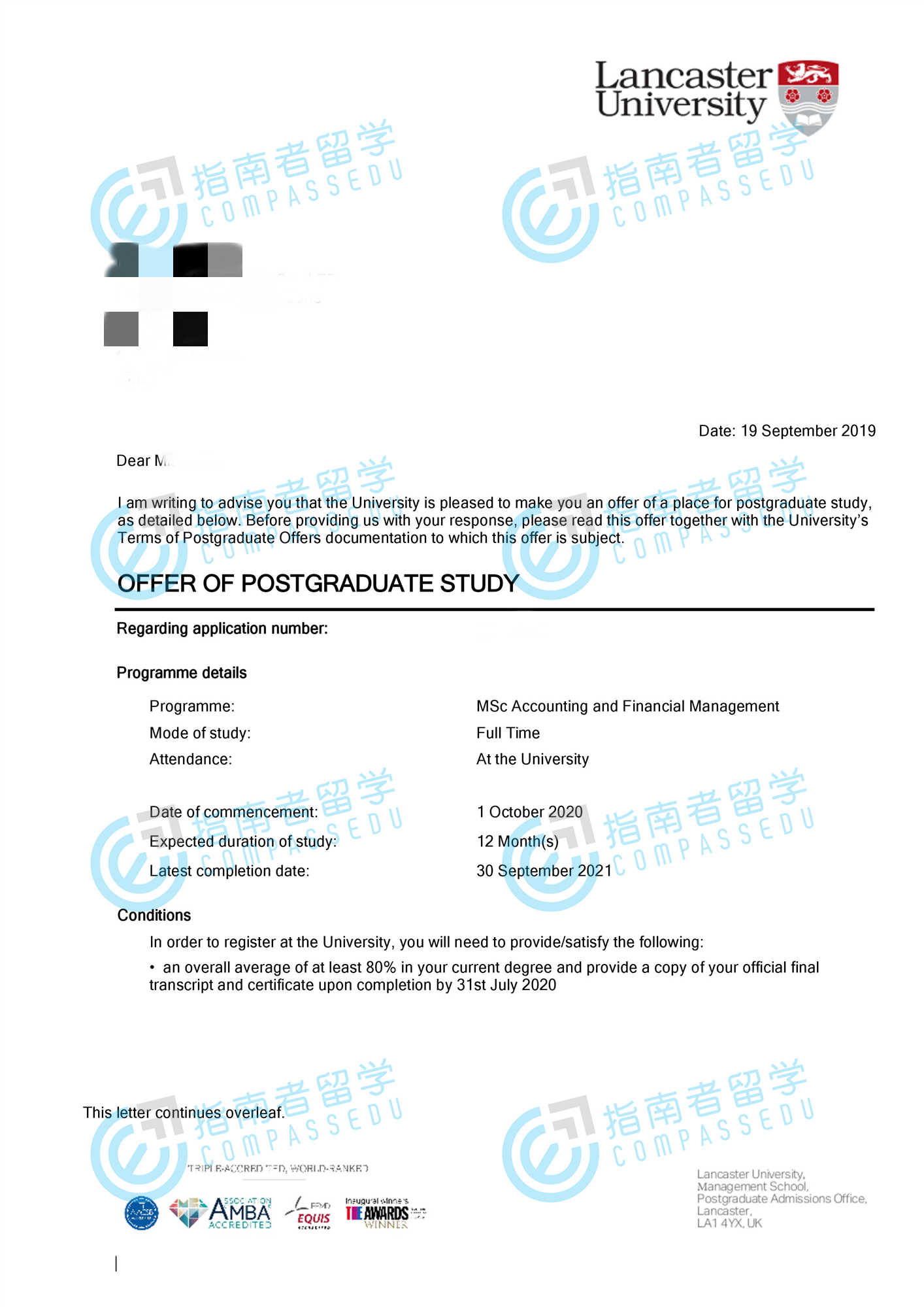 兰卡斯特大学会计与财务管理理学硕士研究生offer一枚