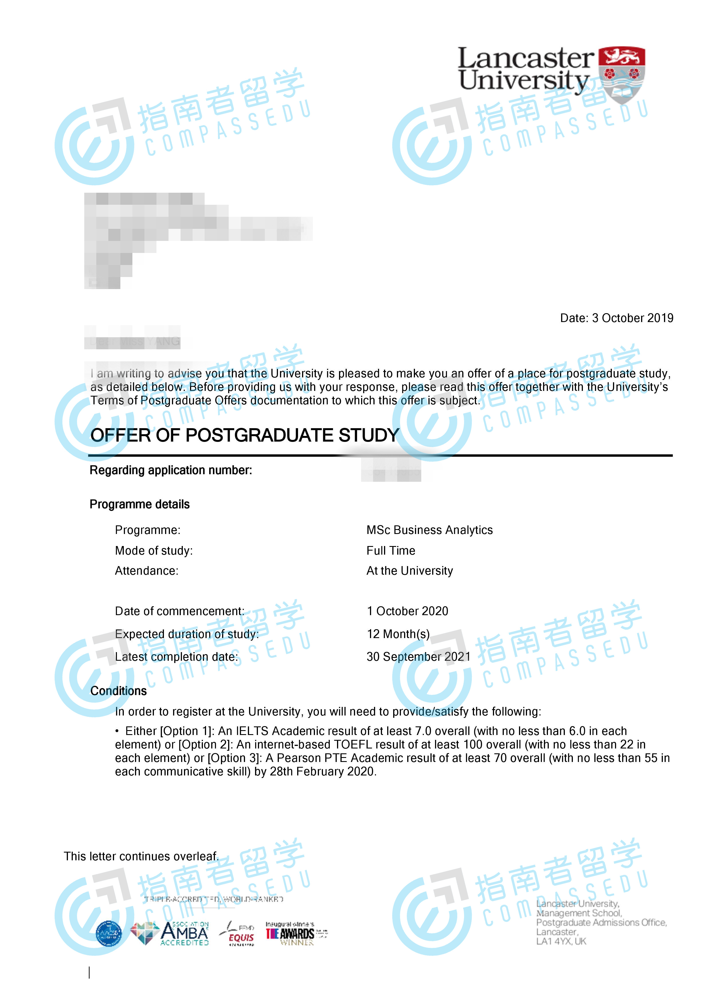 兰卡斯特大学商业分析理学硕士研究生offer一枚